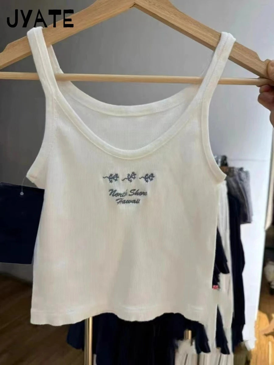 Letter Embroidery U-neck Crop Tops Women Summer New Cotton Casual Ribbed Cropped Sleeveless Vest Vintage Sweet Chic Tank Top Y2K