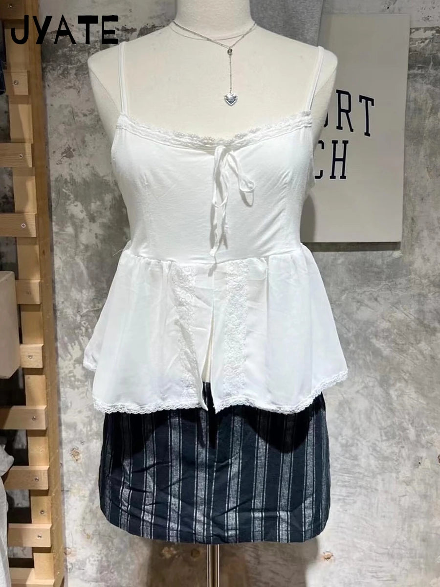 White Sheer Mesh Lace-up Camisole Women New Lace Trim Patchwork Bow Cute Cropped Vests Sweet Preppy Style Blouse Tank Tops Y2K