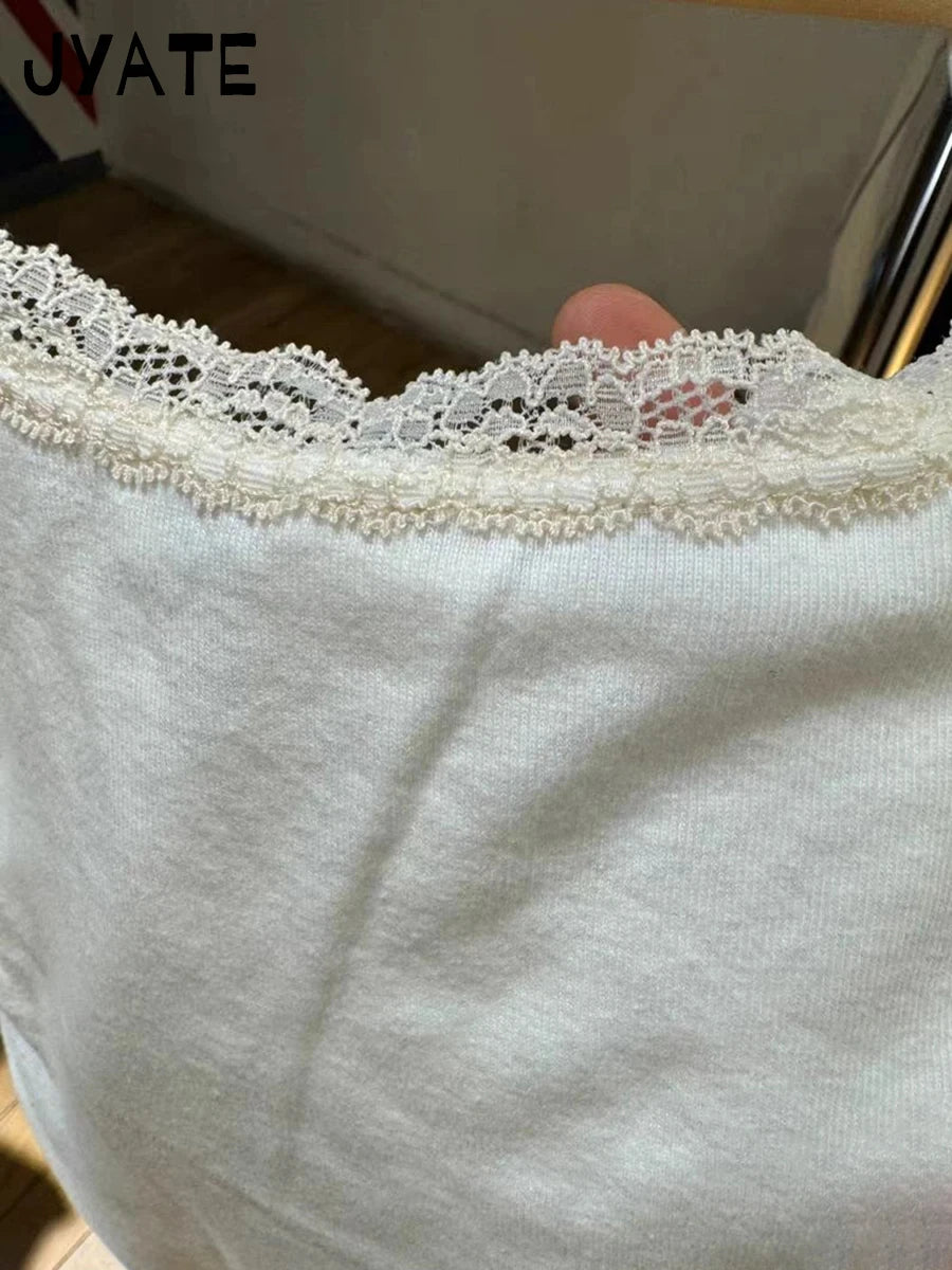 White Lace Trim Bow Slim Tank Tops Women Summer New Cotton Casual Basic Sleeveless Cropped Vests Sweet Chic Vintage Camisole Y2K