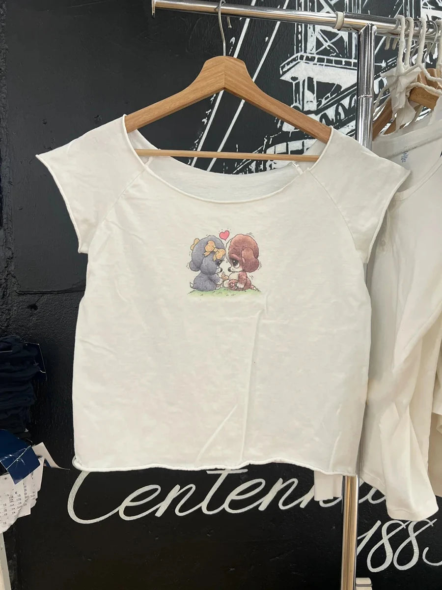Letter Patchwork Embroidery T-shirts Women Casual Simple Raw Hem Slash Neck Short Sleeve Tees Vintage Chic Sweet Crop Tops Y2K