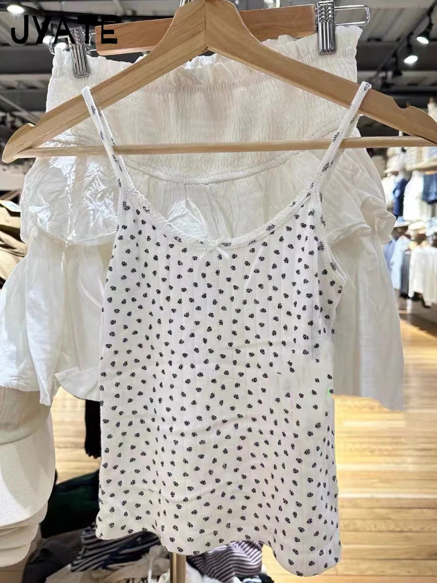Vintage Floral Print White Bow Tank Tops Women New Cotton Streetwear Casual Simple Slim Vest Female Sweet Cute Chic Y2K Camisole