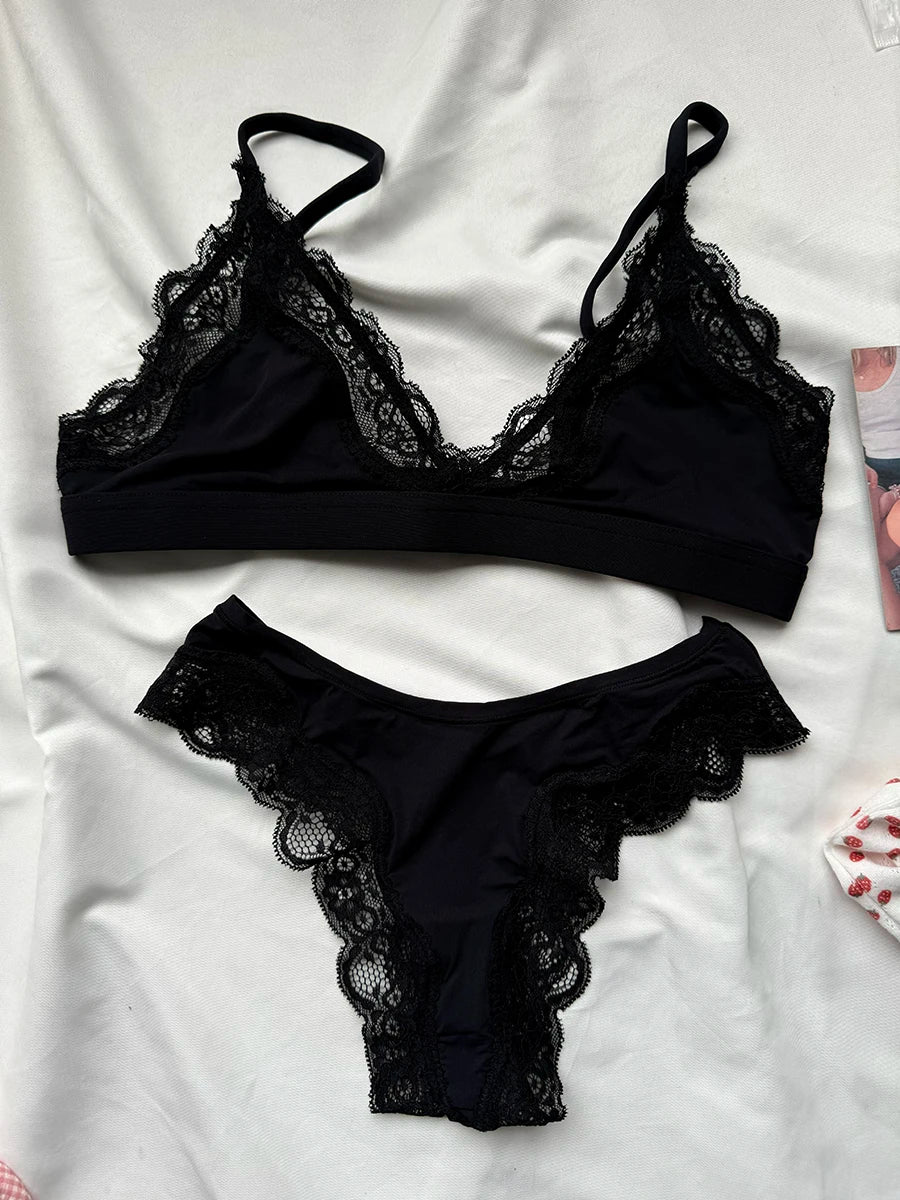 Pink Lace Bra Set Woman Adjusted-strap Seamless Bras+Low Waist Panties Female Casual Simple Solid High Elasticity Lingerie Sets