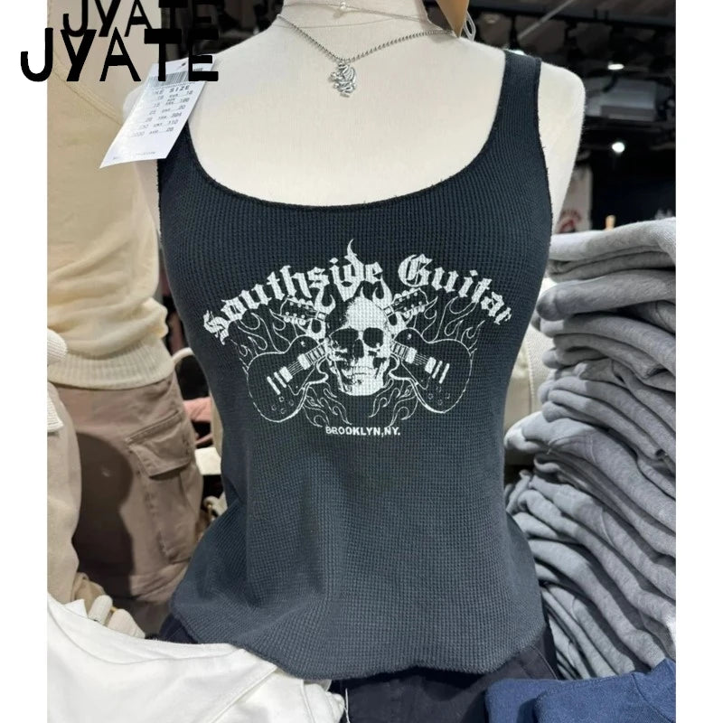 Black Harajuku Skull Print Sleeveless Vests Women Cotton Streetwear Casual Camis Clothes Vintage Chic Preppy Style Y2K Tank Tops