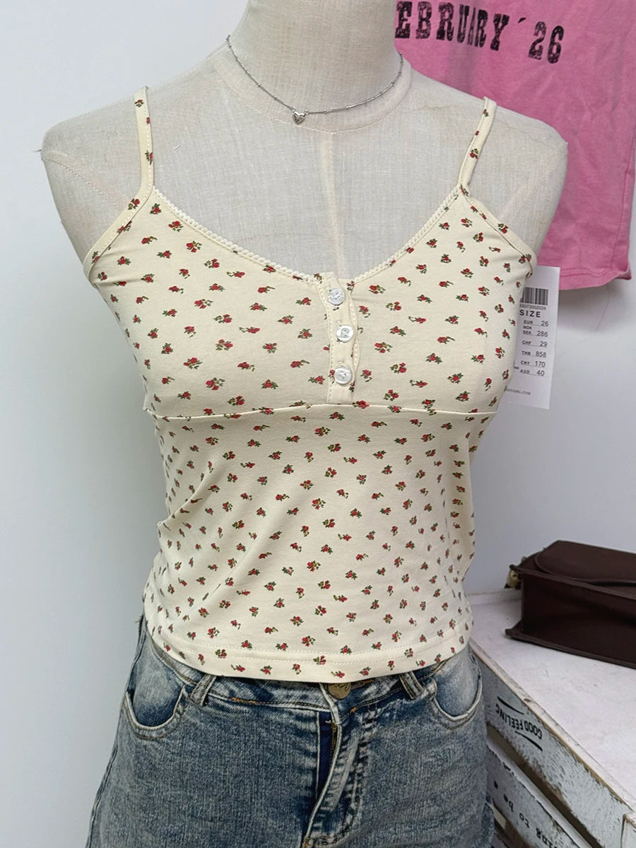 Red Floral Button Camisole Women Summer Casual Streetwear Slim Sleeveless Tank Tops Sweet Vintage Simple Vests Y2K