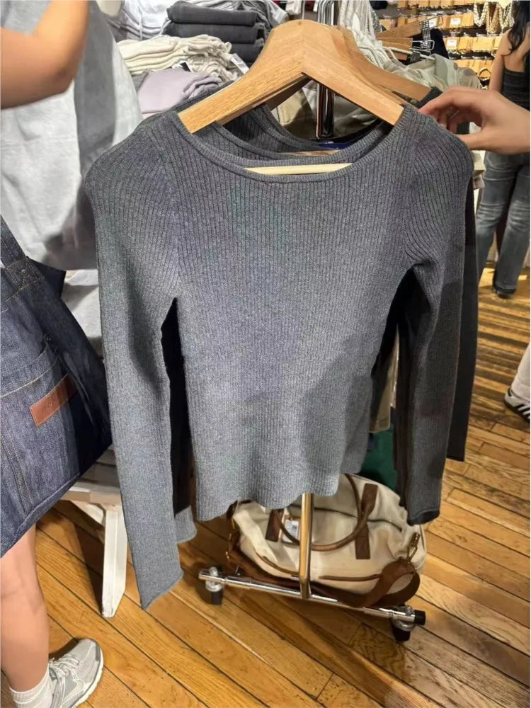 Fashion Gray Knitted T-shirts Women Autumn New Cotton Slash Neck Long Sleeve Slim Jumper Preppy Style American Sweaters Y2K Tops