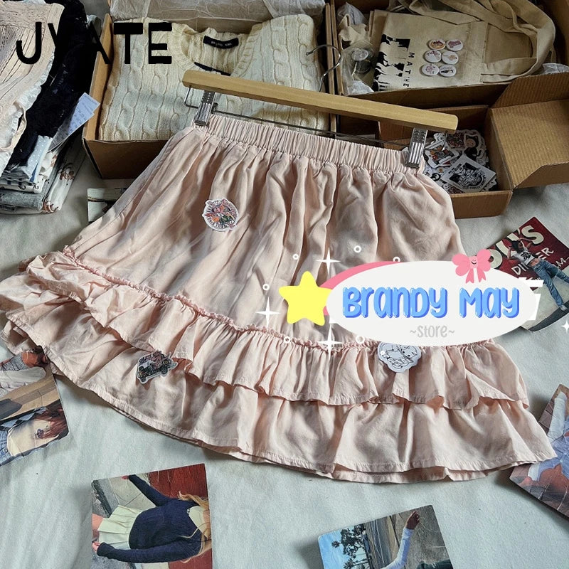 Sweet Pink Ruffles A-line Skirts Women Summer New Cotton Elastic High Waist Short Faldas Preppy Style Cute Casual Mini Skirt Y2K