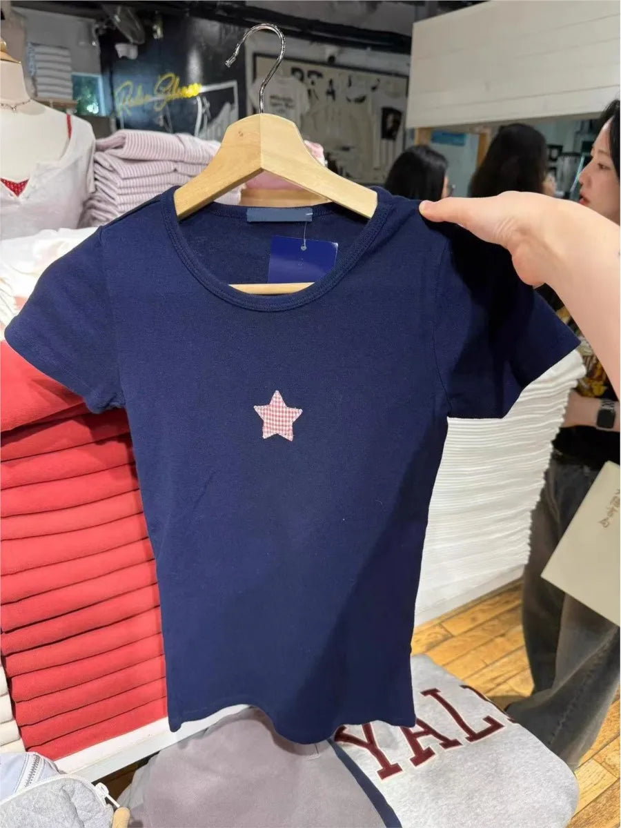Star Appliques Navy T-shirt Women Summer Cotton O-neck Short Sleeve Tee Shirts Female Sweet Cute Preppy Style Tshirt Y2K Tops