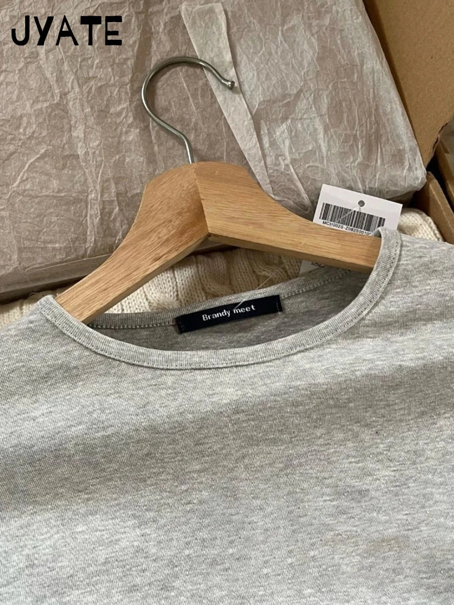 Simple Gray Bodycon Long Sleeve T-shirts Women Crew Neck Soft Cotton All-match Skinny Tee Shirt Vintage Basic Street T shirt Y2K