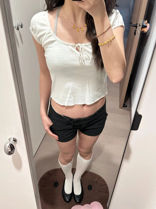 Eyelet Lace Trim Crop Top Women Simple Cotton Lace-up O-neck Short Sleeve Tshirts Female Sweet Casual Cute Cropped Tee Tops Y2K