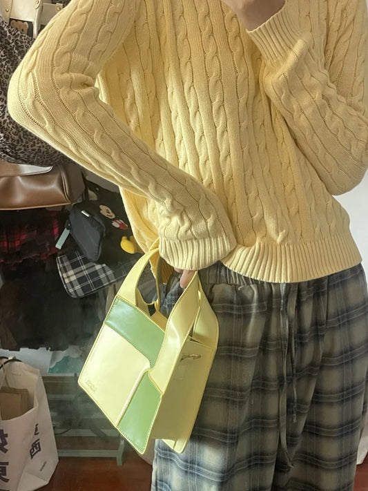 Sweet Twisted Knit O-neck Sweater Women Autumn Yellow Cotton Warm Streetwear Slim Aesthetic Pullover Top Cute Vintage Jumper Y2K