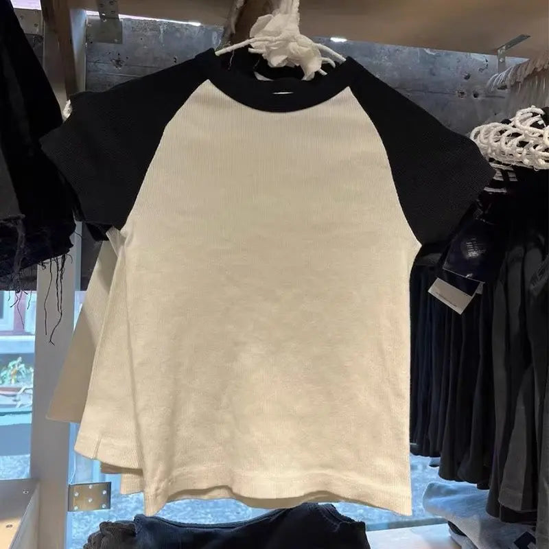 Vintage Brown Patchwork Ribbed Crop Tops Female Summer Cotton O-neck Slim Casual Short Sleeve Tee Harajuku Sweet Chic T-shirts