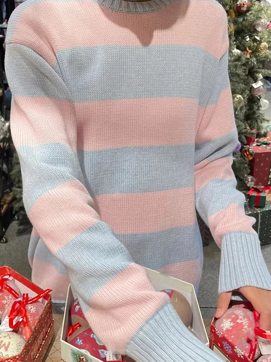 Striped Thick Knitted Jumpers Women Autumn O-neck Fashion Casual Streetwear Loose Pullovers Tops Chic Vintage Sweet Y2K Sweaters