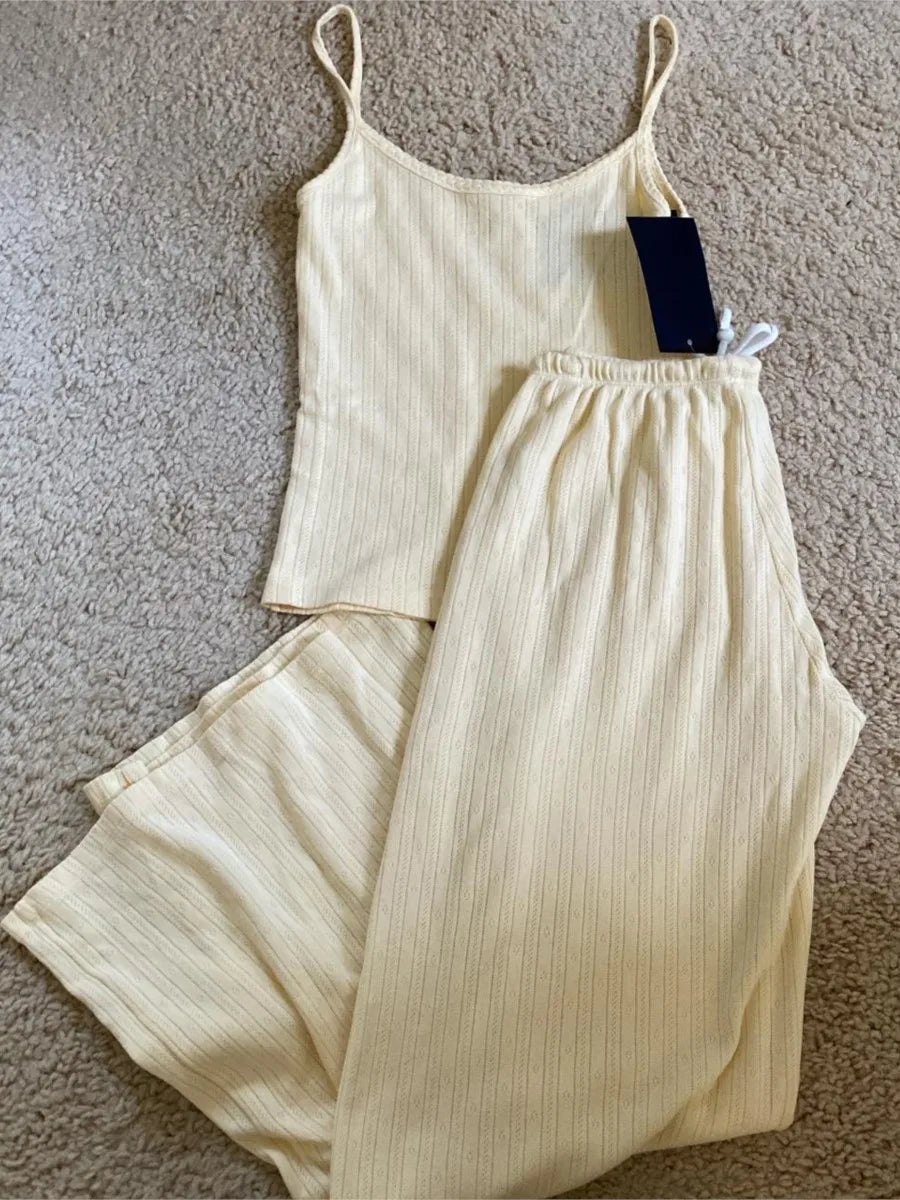 Butter Yellow Eyelet 2 Pieces Sets Women New Cotton Soft Lace Trim Slim Tank Tops+Drawstring Home Long Pant Sweet Pajama Outfits