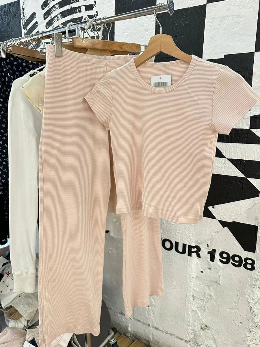 New Basic Black T-shirt Pants Sets Women O-neck Slim Tees+ Patchwork Yoga Sweatpants Solid Vintage Cotton Sport 2 Pieces Sets