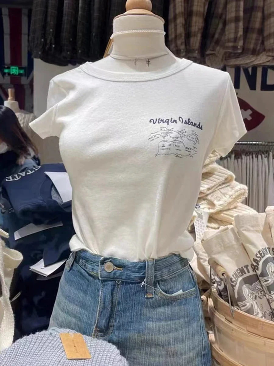 Letter Print Cotton Short Sleeve Tee Women Casual O-neck Streetwear American Tops Female Fashion Sweet Vintage Chic Y2K T-shirts