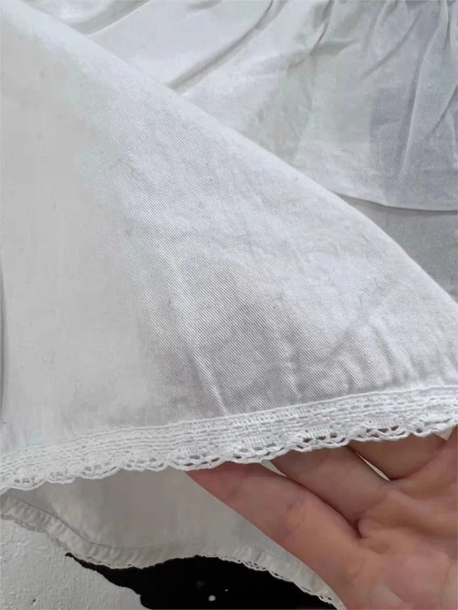 White Lace Trim T-Shirt Shorts Set Women Summer Lace-up Puff Sleeve Blouse+Elastic Waist Short Pants Sweet Simple 2 Piece Sets