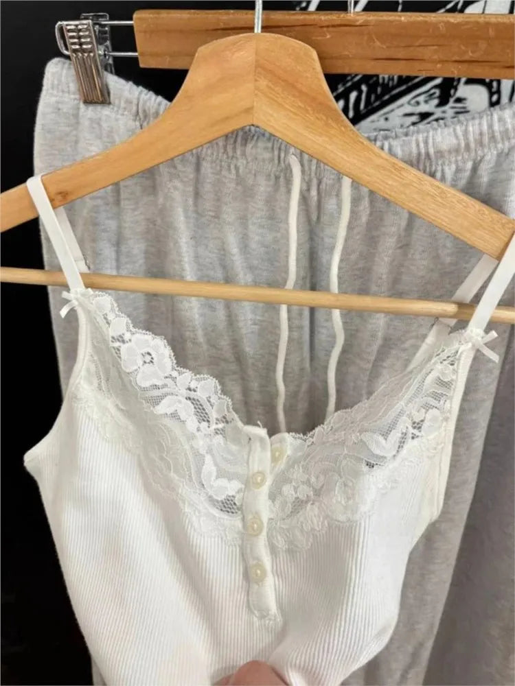 Fashion White Lace Trim Button Ribbed Slim Tank Top Women Summer Sleeveless Cotton Simple Vest Vintage Sweet Basic Camis Y2K Top