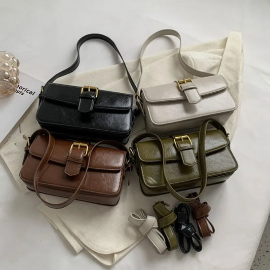 Fashion Solid Pu Shoulder Bag Four Season High-Quality Buckle Decorate Ladies Handbag Vintage American Preppy Style Y2K Bags New