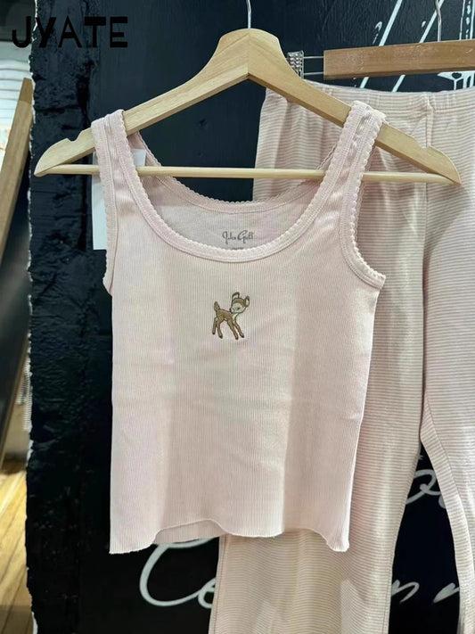 Pink Little Deer Embroidery Tank Tops Women New Ribbed Cotton Raw Hem U Collar Slim Sleeveless Vests Cute Sweet Vintage Camisole