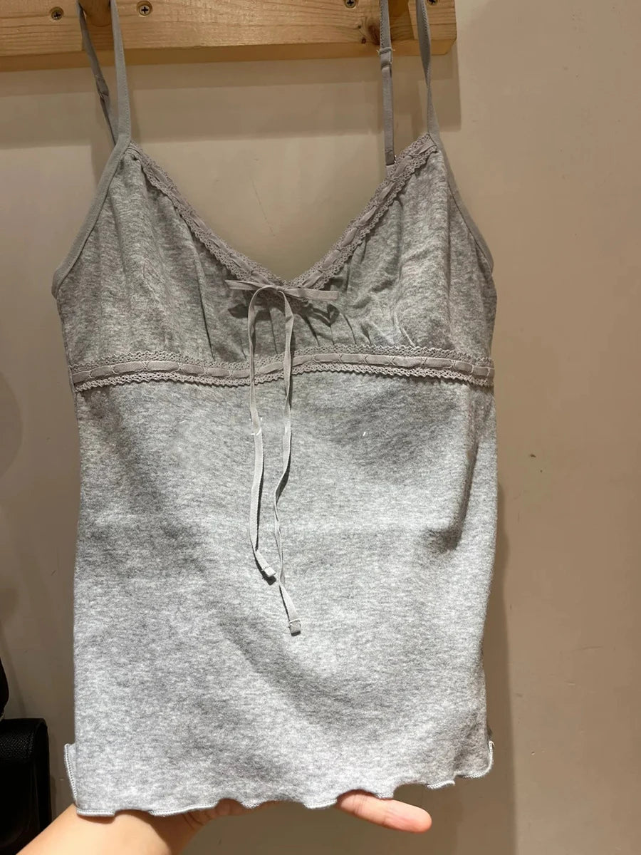 Gray Folds Lace-up V-neck Tank Tops Women Summer Casual Lace Cotton Slim Sleeveless Vests Sweet Cute Preppy Style Camisole