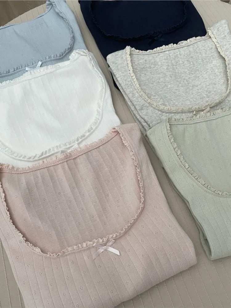 Solid Hollow Out Cotton Soft T-shirts Spring Bow Lace Trim Square Neck Long Sleeve Tee Slim Chic Sweet Vintage Cute Crop Tops