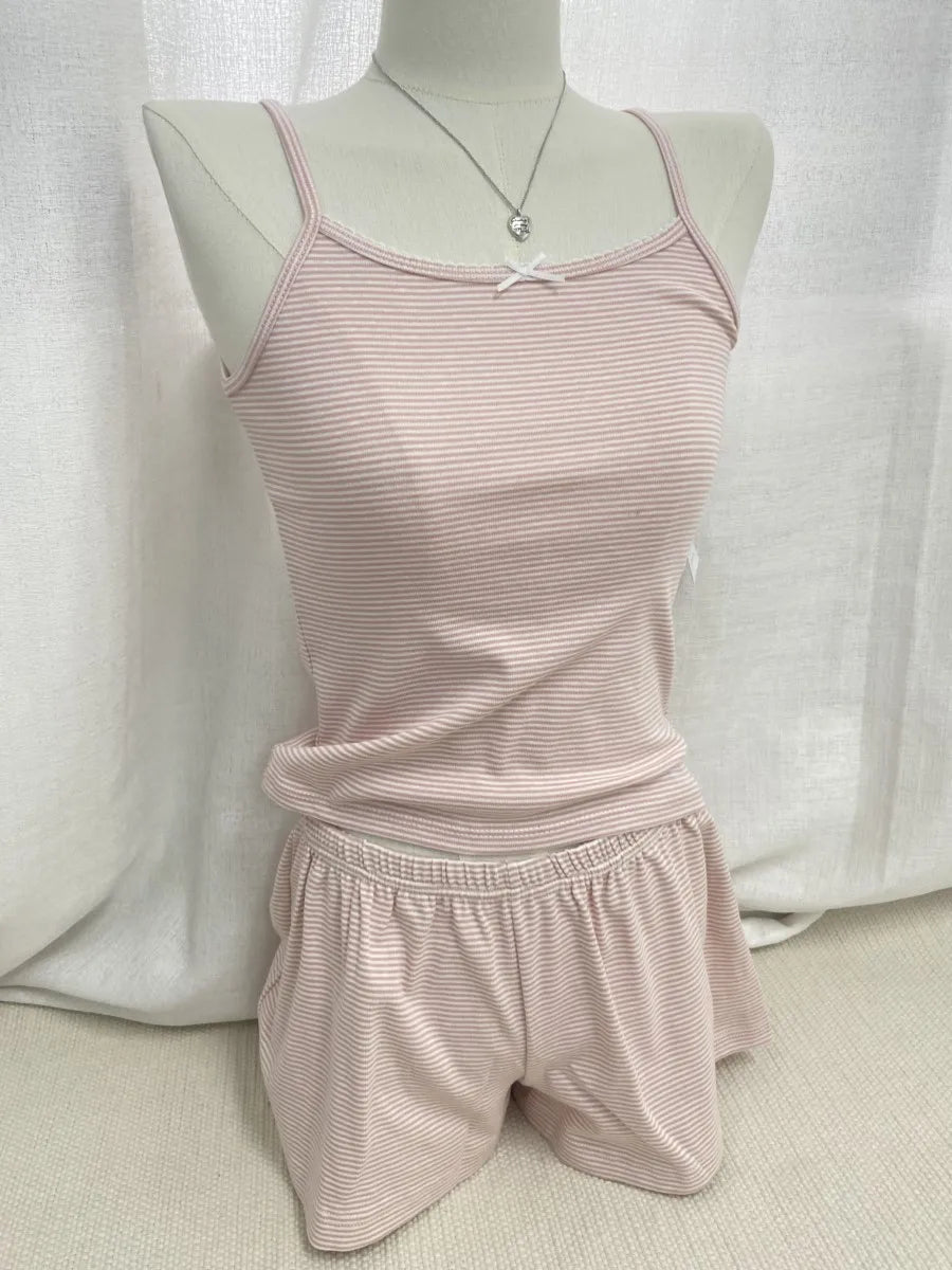 Striped Blue Home 2 Piece Sets Women Cotton Sleeveless Crop Top+Elastic Waist Straight Short Pant Vintage Tank Shorts Pajama Set