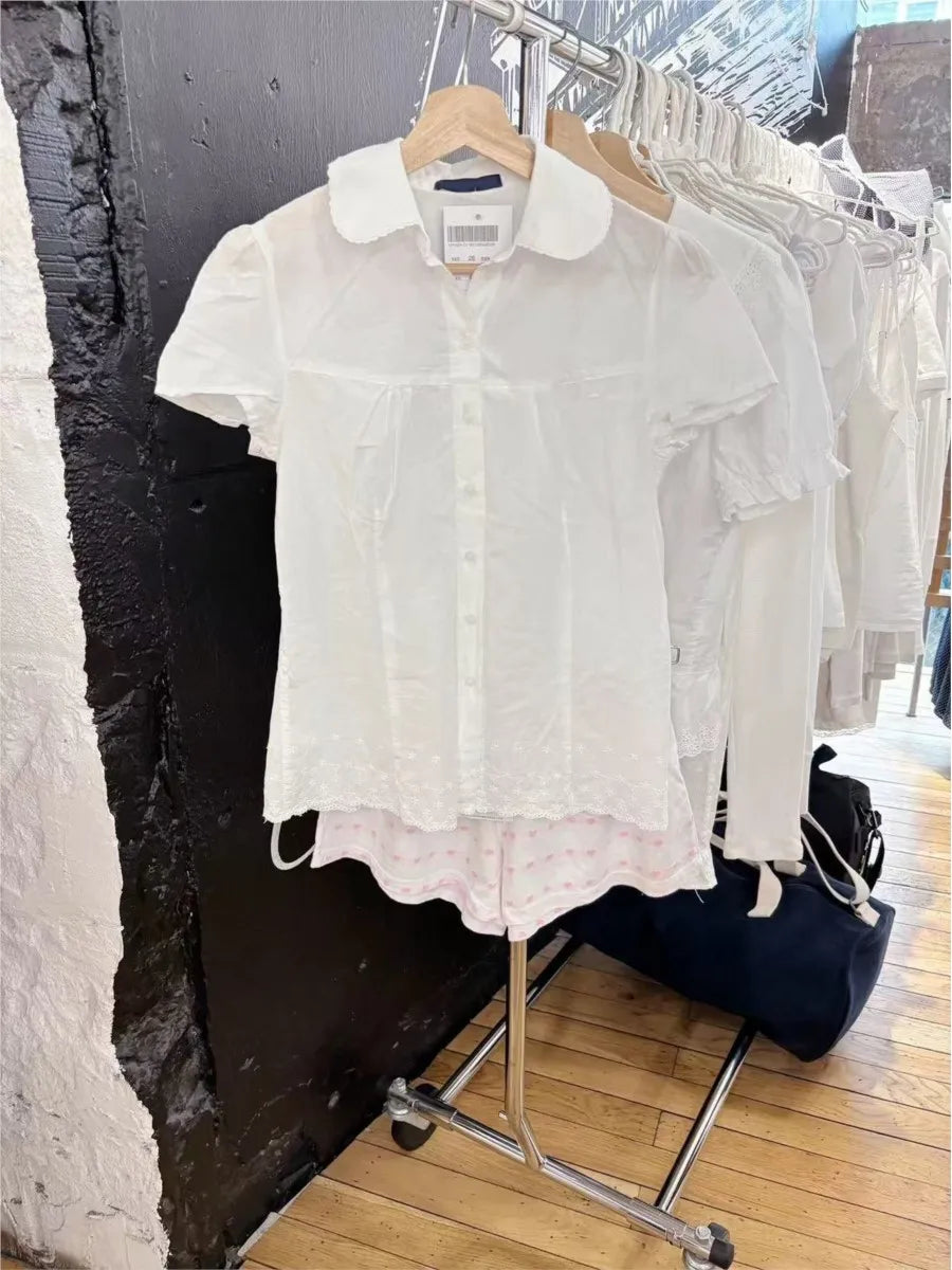 Lace Trim White T-shirt Blouse Women Casual Pan Collar Single Breasted Short Sleeve Tee Sweet Cute Preppy Style T-shirts Y2K New