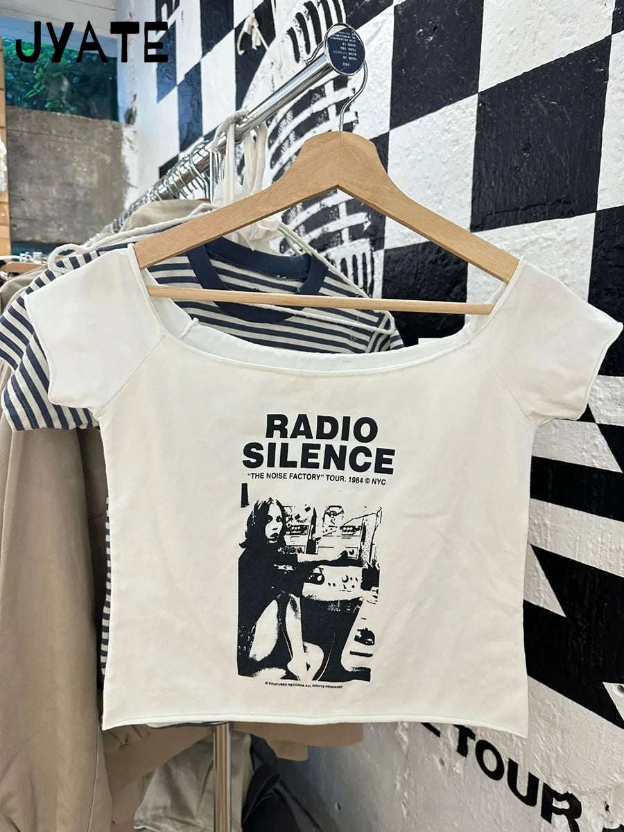 Radio Print Slash Neck Crop Tops Women New Cotton Slim Streetwear Raw Hem Short Sleeve Tee Harajuku Vintage Y2K T-shirts