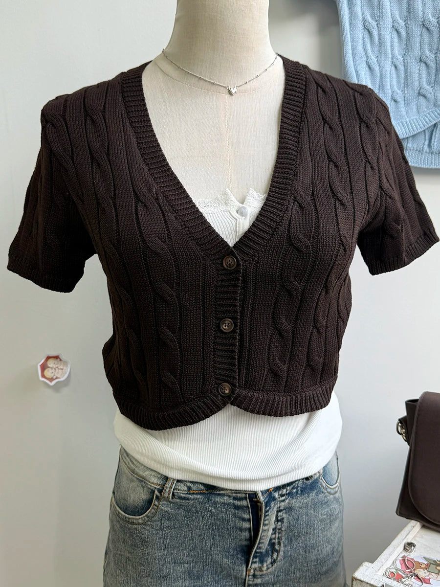 Solid Twist Flower Knitted Cropped Cardigan Woman V-neck Single Breasted Short Sleeve Crop Tops Autumn Sweet Cotton Knitwear New