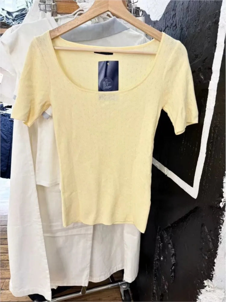 Yellow Eyelet Short Sleeve Tees Women Summer New Cotton Soft Casual Simple Square Collar T-shirts Preppy Style Sweet Cute Tops