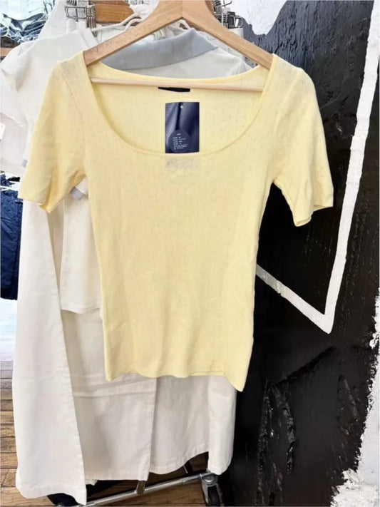 Yellow Eyelet Short Sleeve Tees Women Summer New Cotton Soft Casual Simple Square Collar T-shirts Preppy Style Sweet Cute Tops