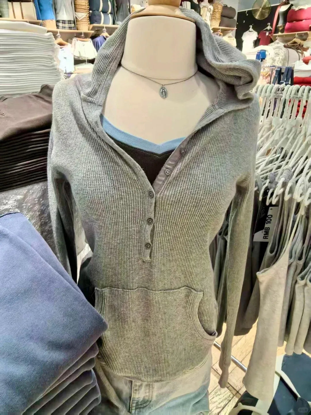 Gray Striped Waffle Hooded T-shirt Women Five  Button CottonSlim Long Sleeve Tee Shirt Casual Preppy Style Vintage Tshirt Y2k