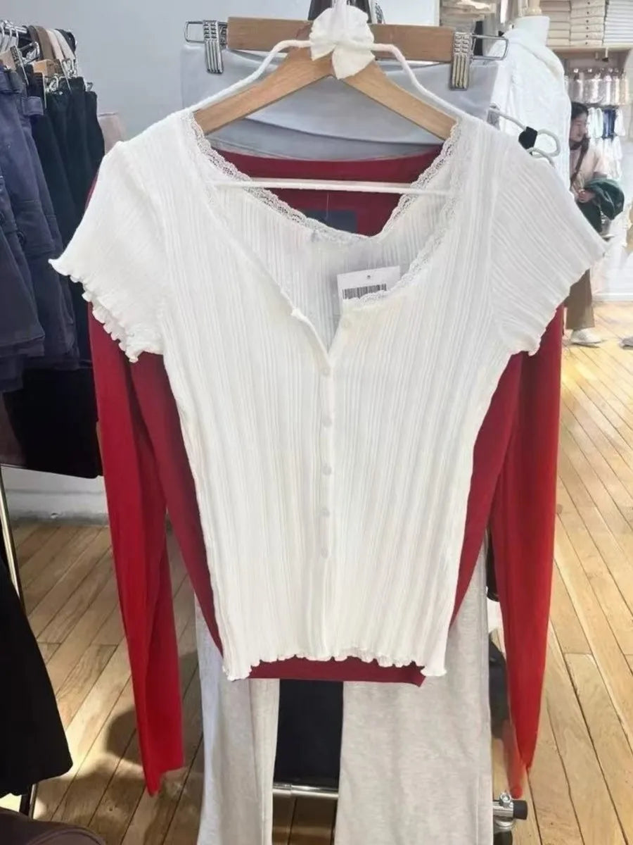 Basic White Lace Trim Buttons T-shirts Women New Spring Casual Slim O-neck Short Sleeve Tees Sweet Cute Vintage T Shirt Y2K Tops