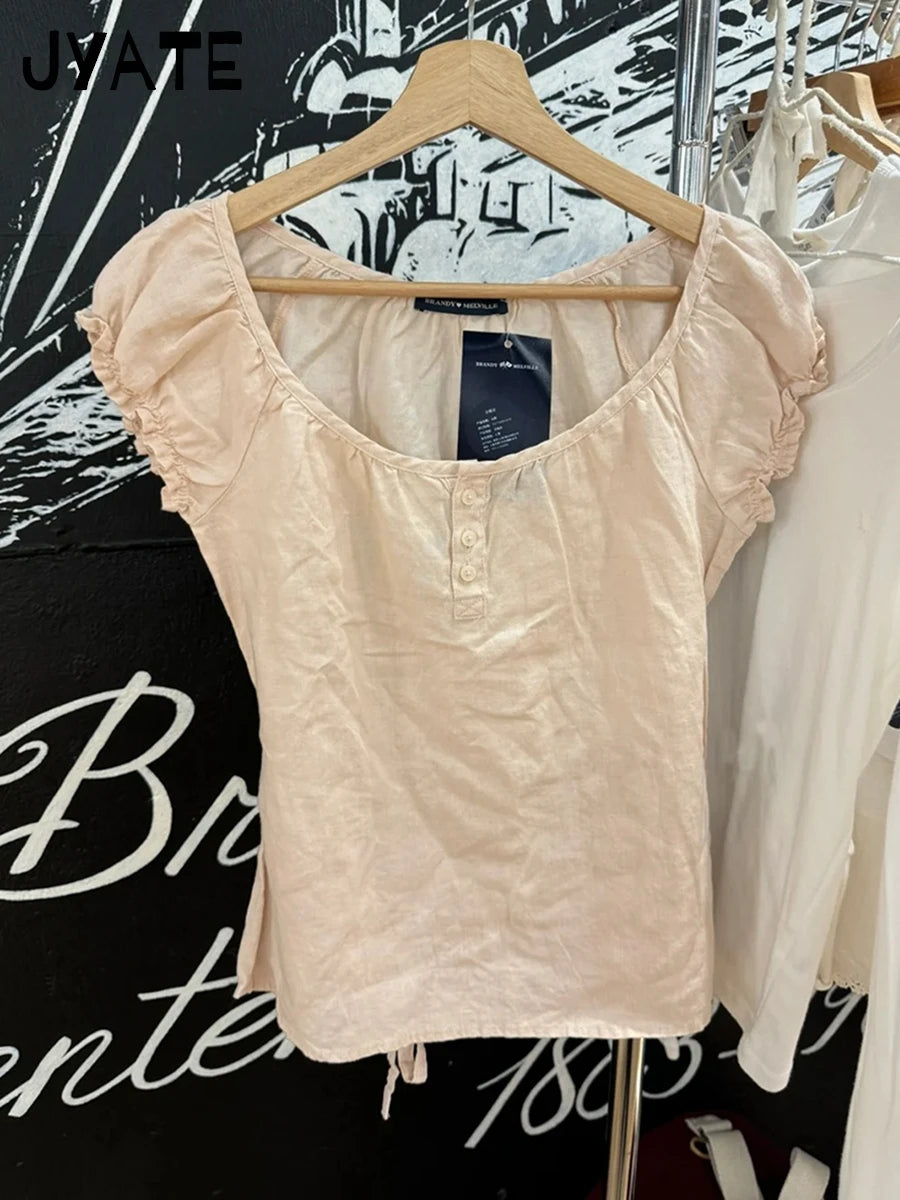 White Lace Trim Short Puff Sleeve Tees Women Summer Cotton Back Lace-up Square Collar T-shirt Blouse Sweet Cute Casual Crop Top