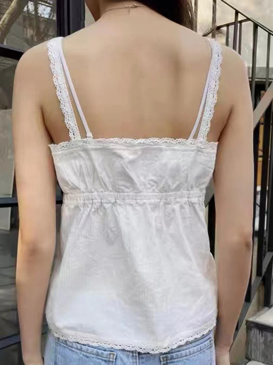 White Lace Trim V-neck Slim Tank Top Women Summer Cotton Aesthetic Streetwear Sleeveless Vests Sweet Vintage Chic Cute Y2K Camis