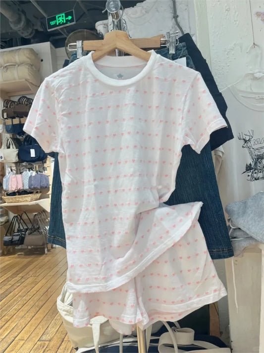 Pink Heart Print T-shirt Shorts Sets Women Cotton O-neck Slim Tees +Buttons Straight Sweatshort Sweet Cute Home 2 Pieces Outfits