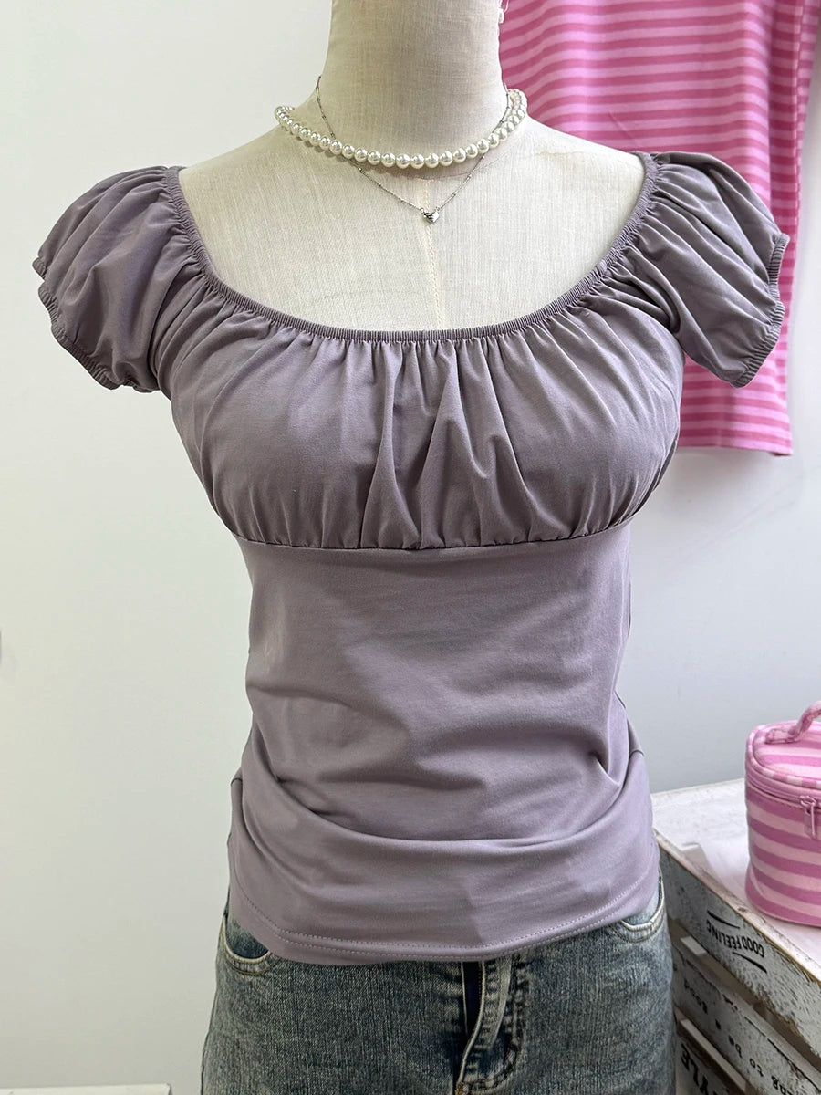 Mint Green Folds Slim T-shirts Women Summer Vintage Square Collar Cotton Puff Sleeve Tees Female Aesthetic Sweet Cute Y2K Tops