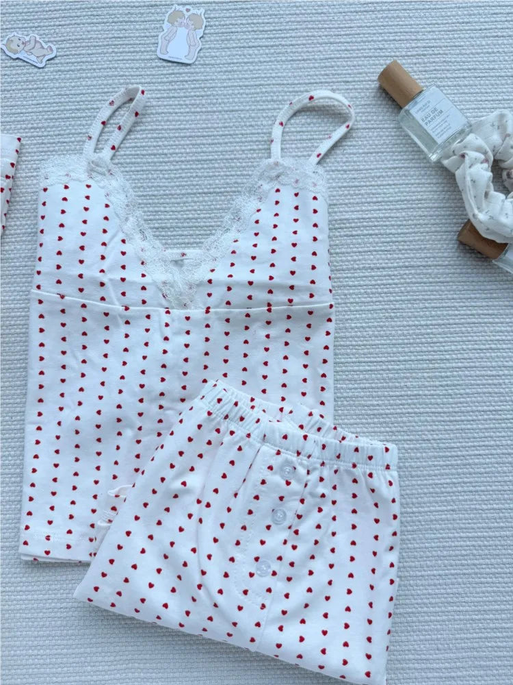 Red Heart Print 2 piece Sets Women Summer Cotton Lace Trim V-neck Camisole+Short Pants Sweet Home Short Outfits Y2K Clothes New