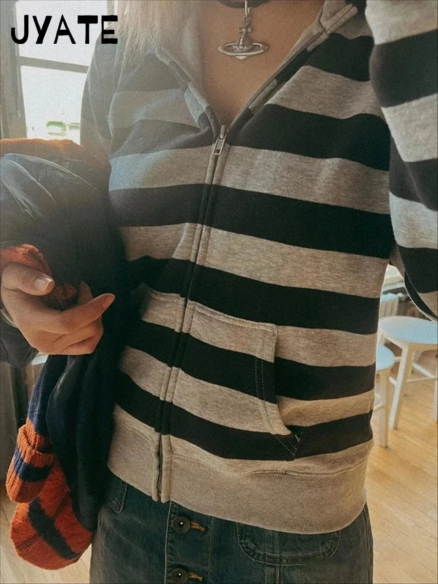 Classic Striped Patchwork Zip-up Hoodie Women Cotton Loose Pocket Drawstring Jacket Tops Vintage Loose Y2K Chic Sweatshirts Coat