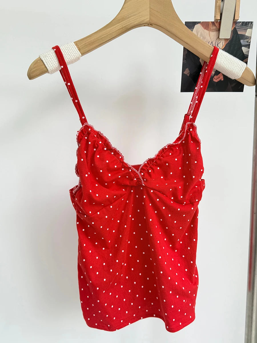 Navy Dot Fungus Trim Bow Tank Tops Women Casual Cotton Slim V-neck Sleeveless Camis Girls Cute Sweet Preppy Style Y2K Crop Top