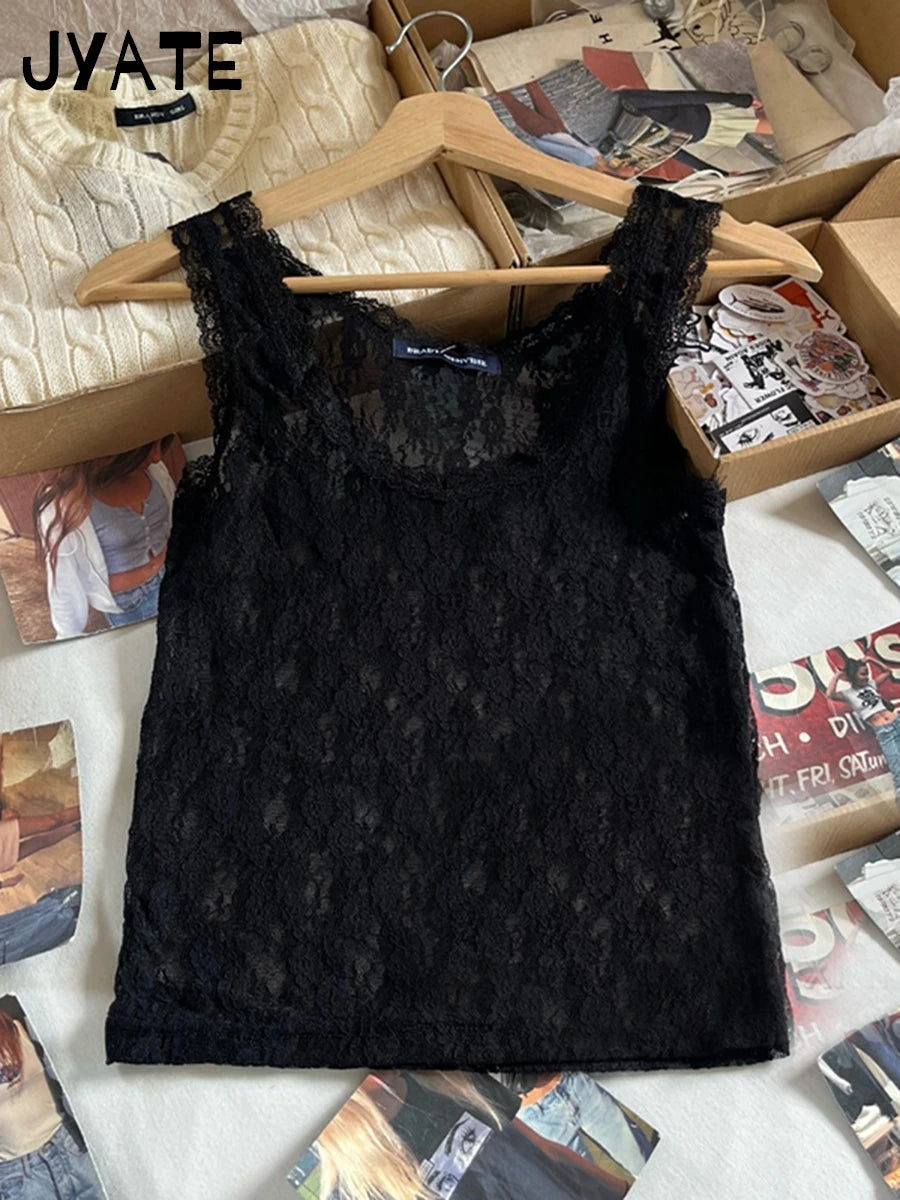 Sexy Solid U-neck Lace See Through Tank Tops Women Summer Casual Simple Sleeveless Vests Female New Vintage Sweet Crop Tops Y2K