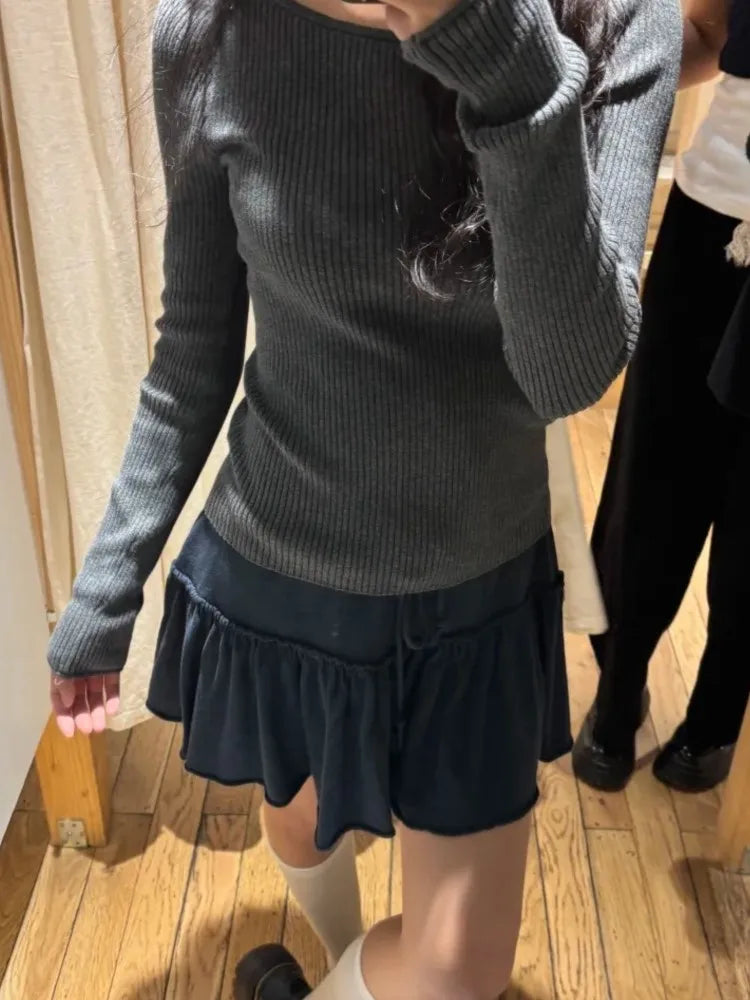 Solid Ruffle Drawstring Mini Skirts Women Summer Raw Hem Low Waist A-line Short Faldas Female Vintage Preppy Style Cotton Skirt