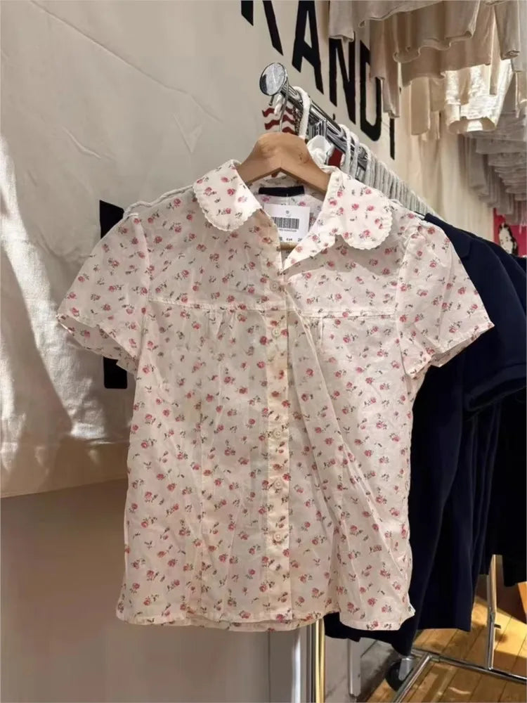 Sweet Red Floral T-shirt Blouse Woman Summer Pan Collar Single Breasted Short Sleeve Tees Casual Vintage Cute Slim Tshirt Tops