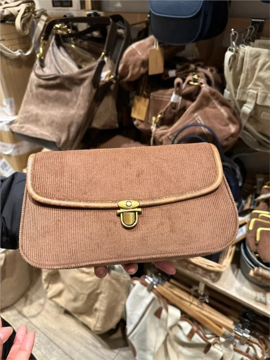 Vintage Corduroy Shoulder Bag Women Autumn Casual High-Quality Buckle Decorate Ladies Handbag Chic Sweet Preppy Style Bags New
