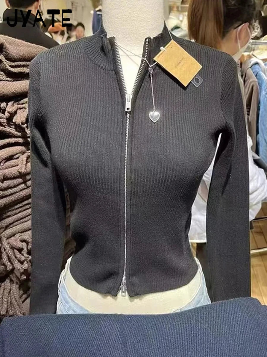Sweet Slim Knitted Crop Tops Women Casual Cotton Soft O-neck Double Zipped Jumpers Coat Vintage Chic Basic Y2K Cardigan Sweaters