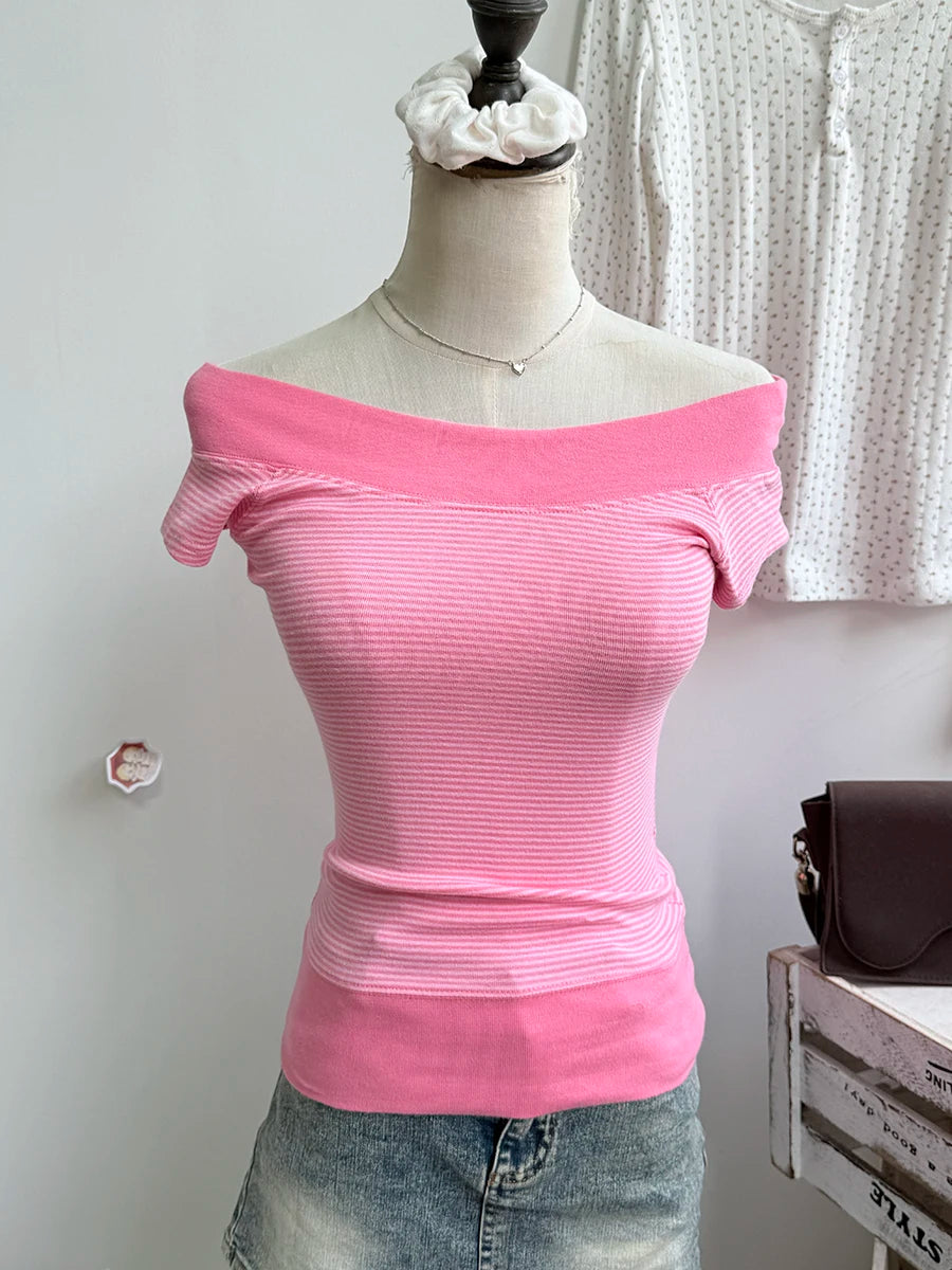 Polka Dot Gray Slash Neck T-shirt Women Casual Preppy Style Slim Short Raglan Sleeve Cotton Tee Shirts Vintage Sweet TshirtsY2K
