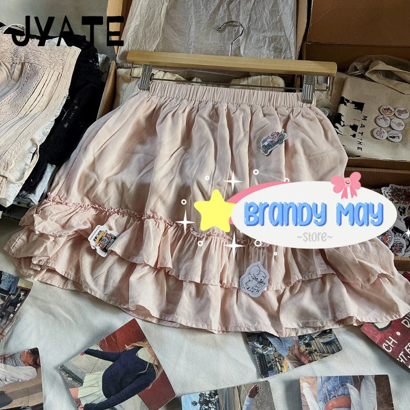Sweet Pink Ruffles A-line Skirts Women Summer New Cotton Elastic High Waist Short Faldas Preppy Style Cute Casual Mini Skirt Y2K