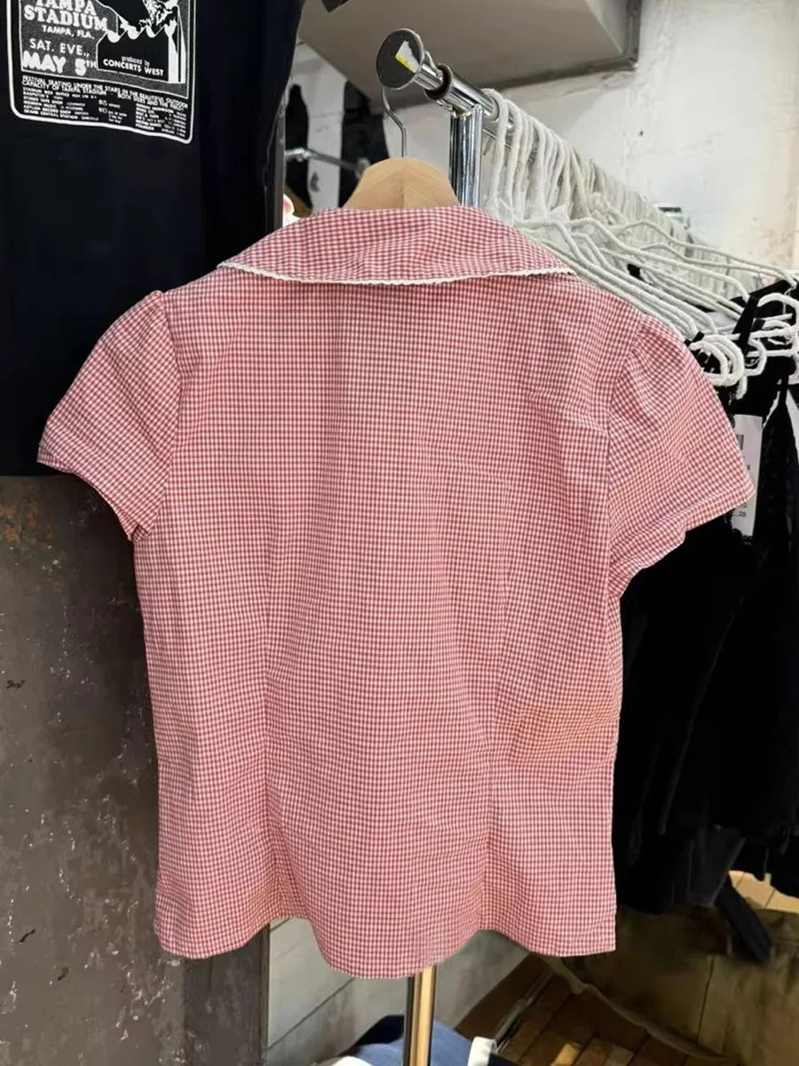Cute Pink Plaid Peter Pan Collar Blouse Women New Casual Streetwear Buttons Short Sleeve Tee Sweet Preppy Style T-shirts Y2K Top