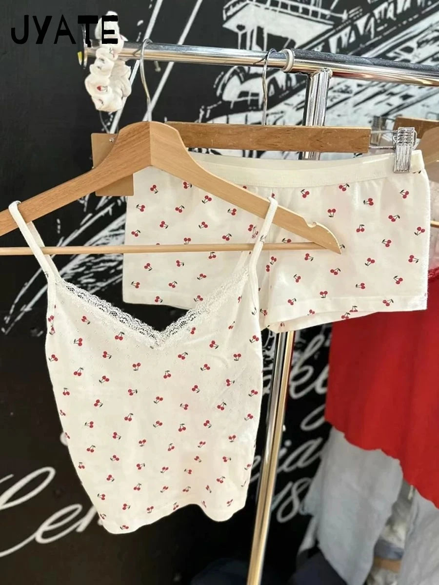 Cherry Print Eyelet Straight Home Underwear Women New Cotton Soft Elastic Waist Pajama Short Pants Sweet Cute Preppy Shorts Y2K