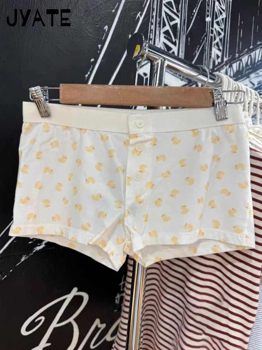 Little Duck Print Patchwork Short Pants Women New Cotton High Waist Buttons Straight Home Underwear Sweet Cute Casual Shorts Y2K